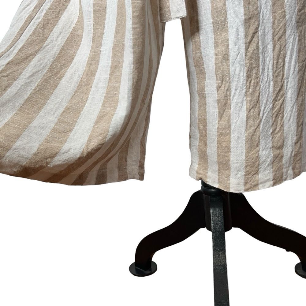 Kensie White Tan Stripe Jumpsuit Cotton Linen Spaghetti Strap Wide Leg Cropped - Picture 13 of 16